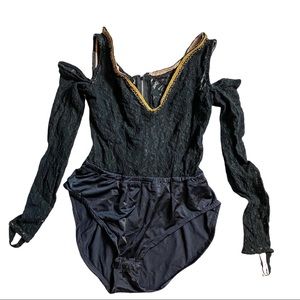 Black Lace Boho Long Sleeve Cold Shoulder Leotard